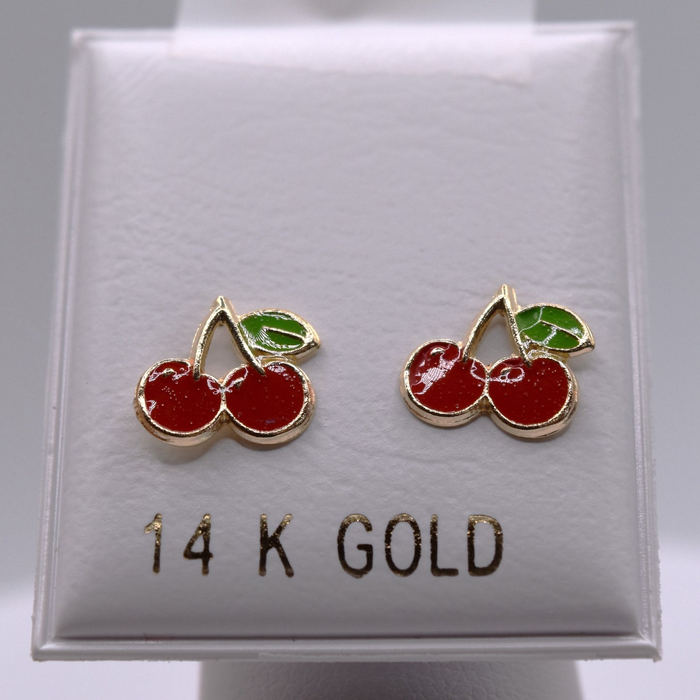 14k Gold Enamel Nap Friendly Cherry Backless Earrings