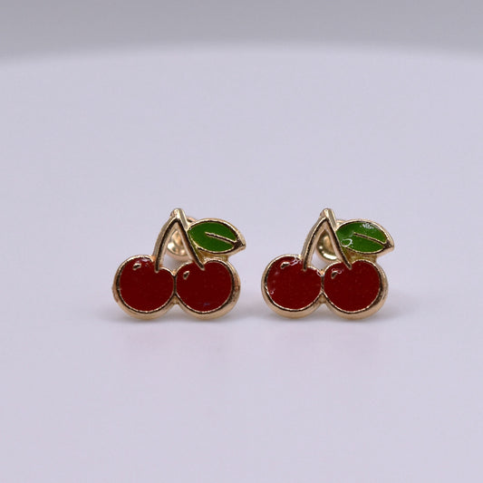 14k Gold Enamel Nap Friendly Cherry Backless Earrings