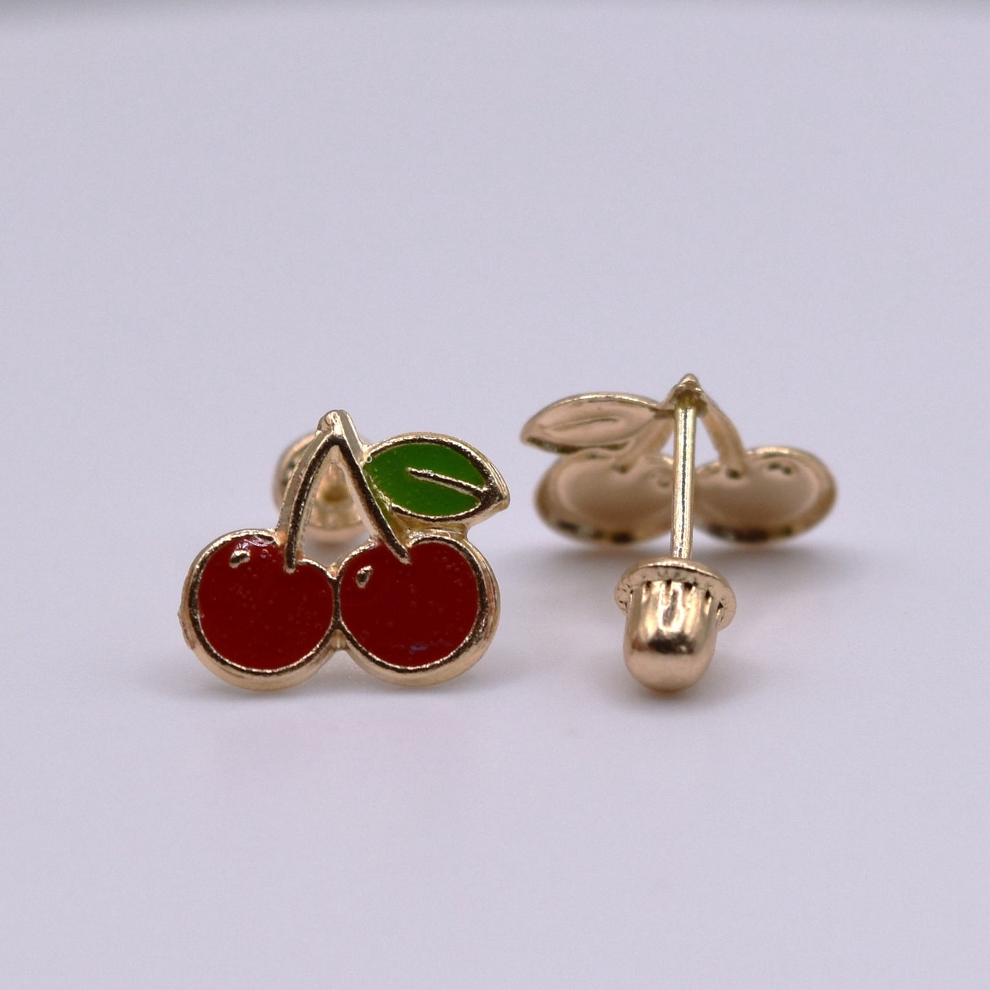 14k Gold Enamel Nap Friendly Cherry Backless Earrings