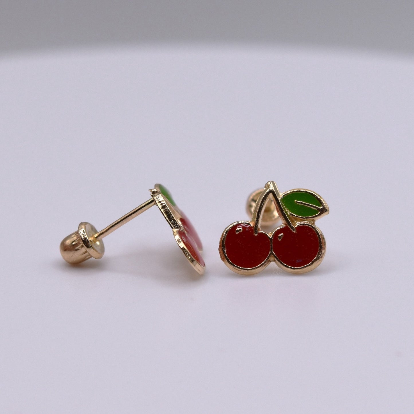 14k Gold Enamel Nap Friendly Cherry Backless Earrings