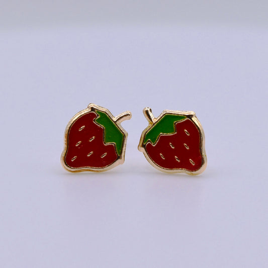 14k Gold Enamel Nap Friendly Strawbery Backless Earrings