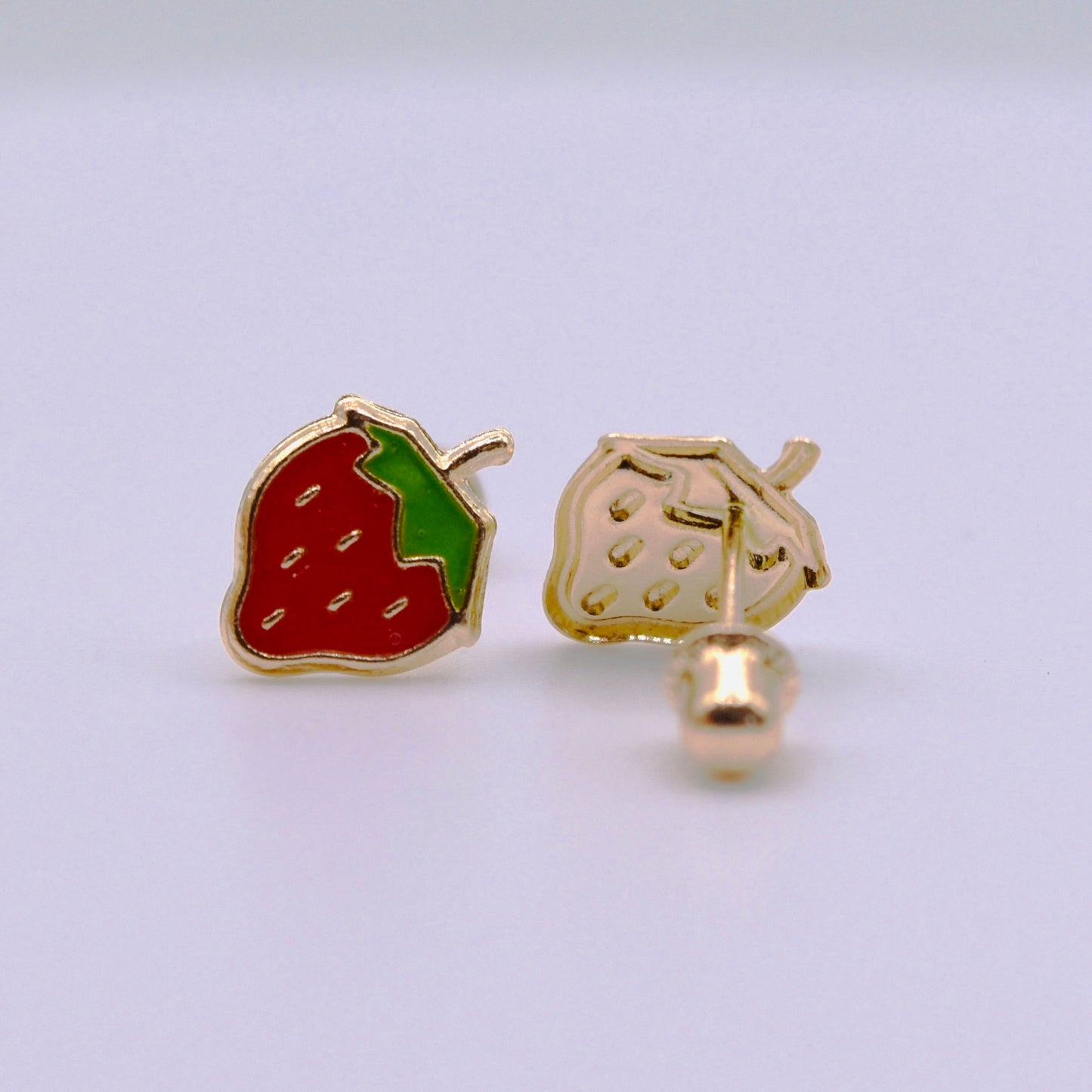 14k Gold Enamel Nap Friendly Strawbery Backless Earrings