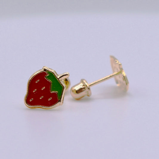 14k Gold Enamel Nap Friendly Strawbery Backless Earrings
