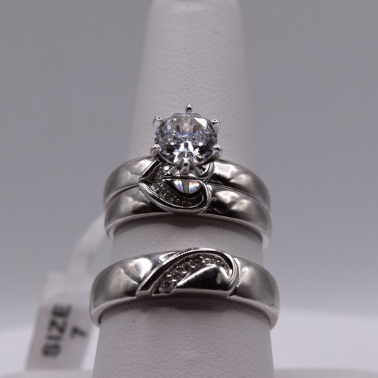 3 Piece 925 Sterling Silver Wedding Ring Set (Heart Shape)