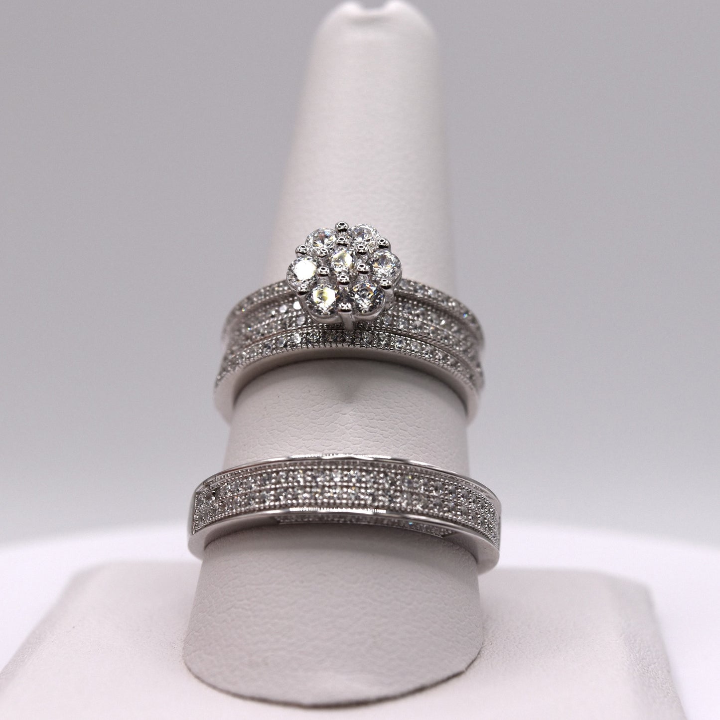 Simple 3 Piece 925 Sterling Silver Wedding Ring Set (Floral)