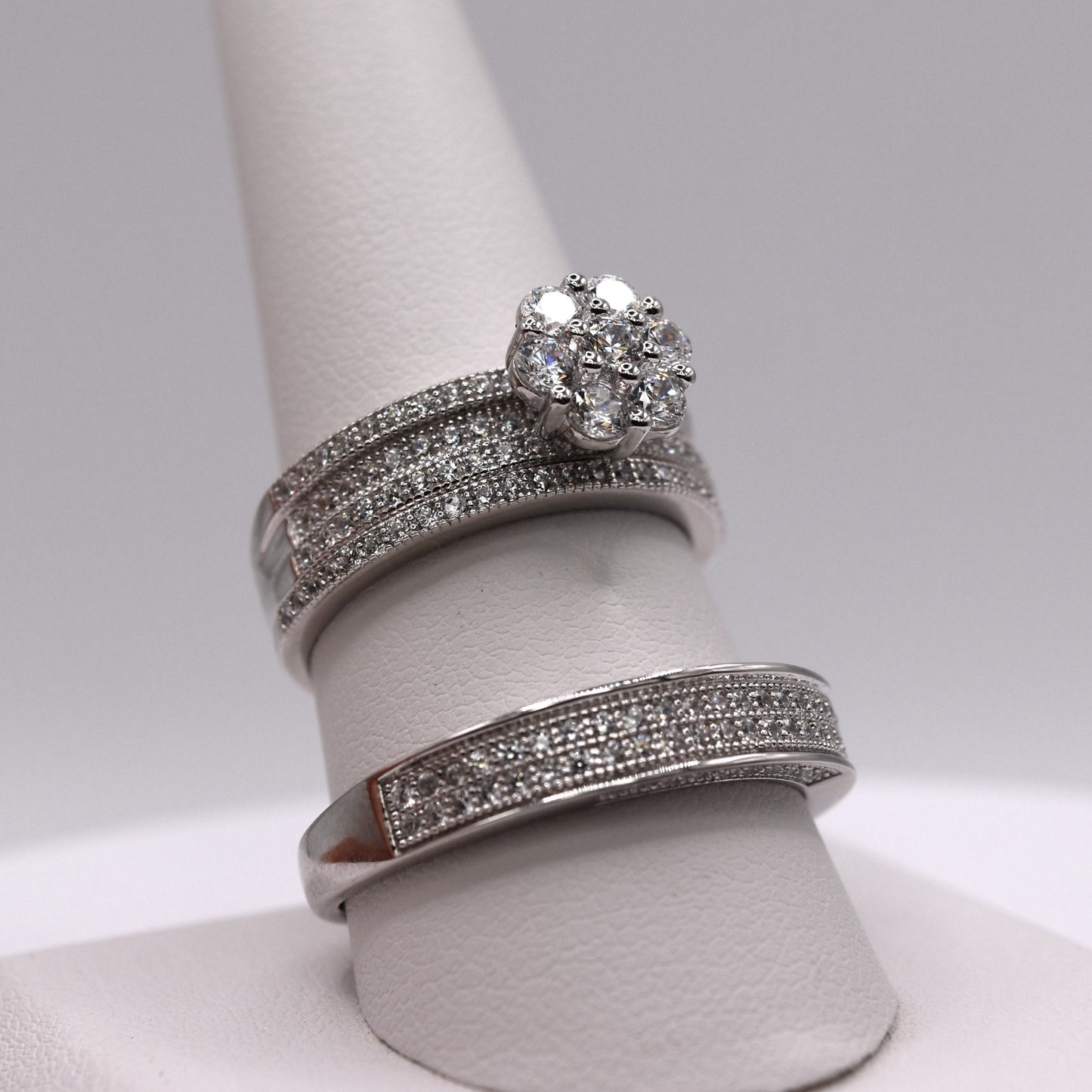 Simple 3 Piece 925 Sterling Silver Wedding Ring Set (Floral)