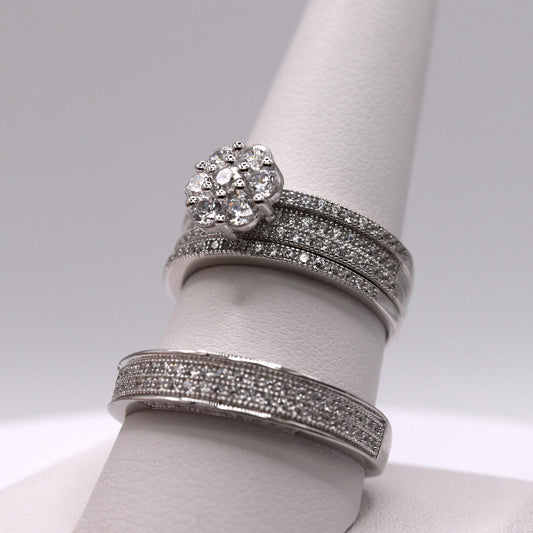 Simple 3 Piece 925 Sterling Silver Wedding Ring Set (Floral)