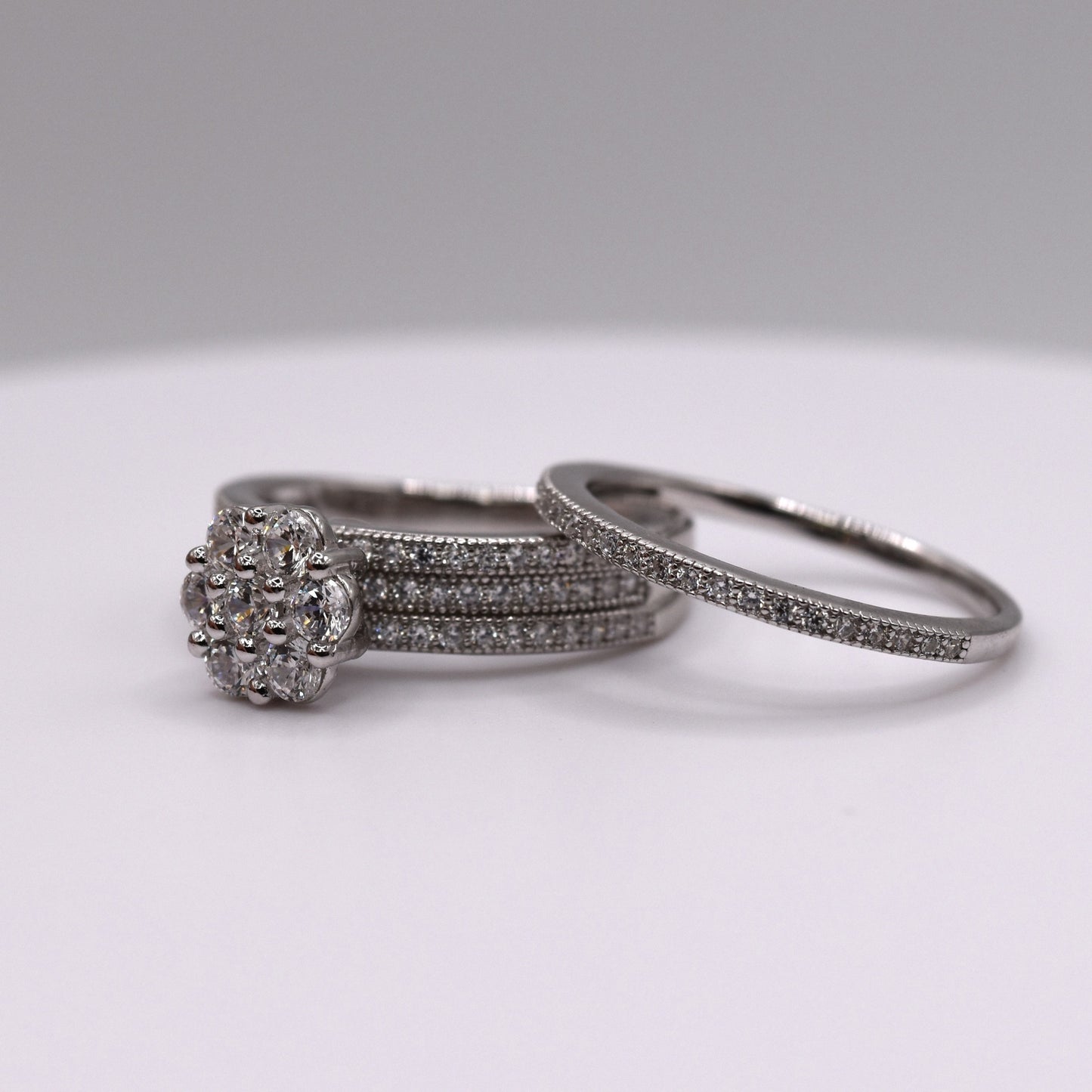 Simple 3 Piece 925 Sterling Silver Wedding Ring Set (Floral)