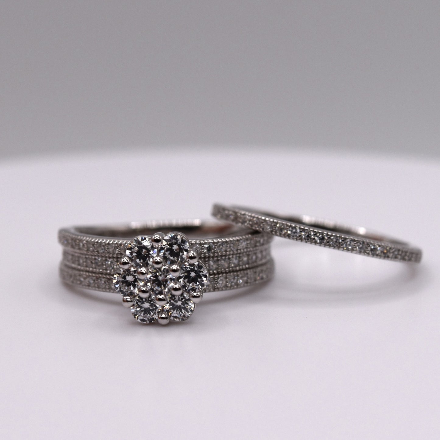 Simple 3 Piece 925 Sterling Silver Wedding Ring Set (Floral)