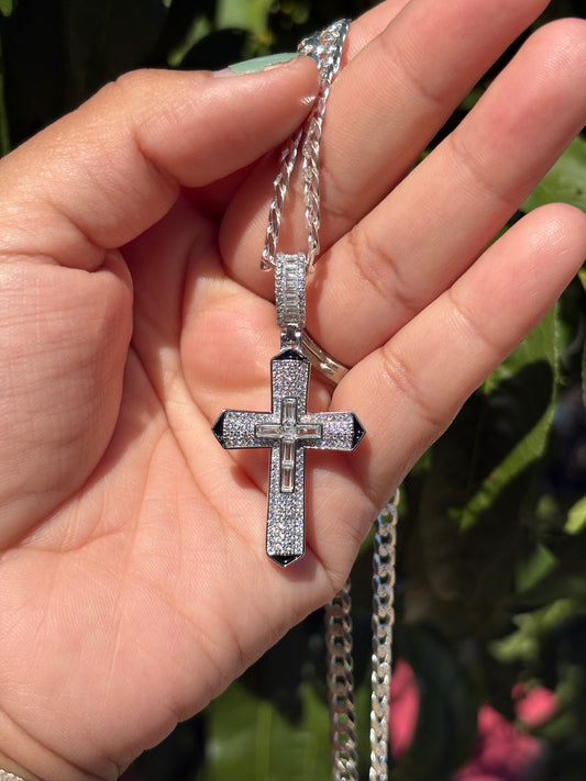 Men's Premium 925 Sterling Silver Diamond Cut Cuban Cross Necklace - 24" Chain with Dazzling CZ Pendant!